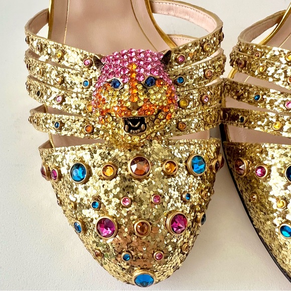 GUCCI || Crystal Tiger Head Gold Stone Embellished Heels Pumps EU 40.5 US 10.5 - Picture 7 of 16